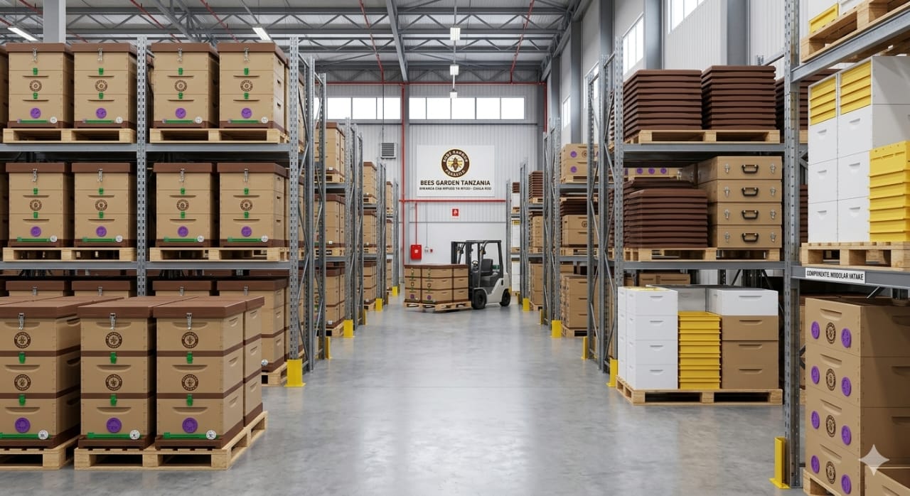 Early concept render of assembled Queen Mansion eco-hives stacked on pallets and warehouse racking at a Bees Garden Tanzania distribution centre.