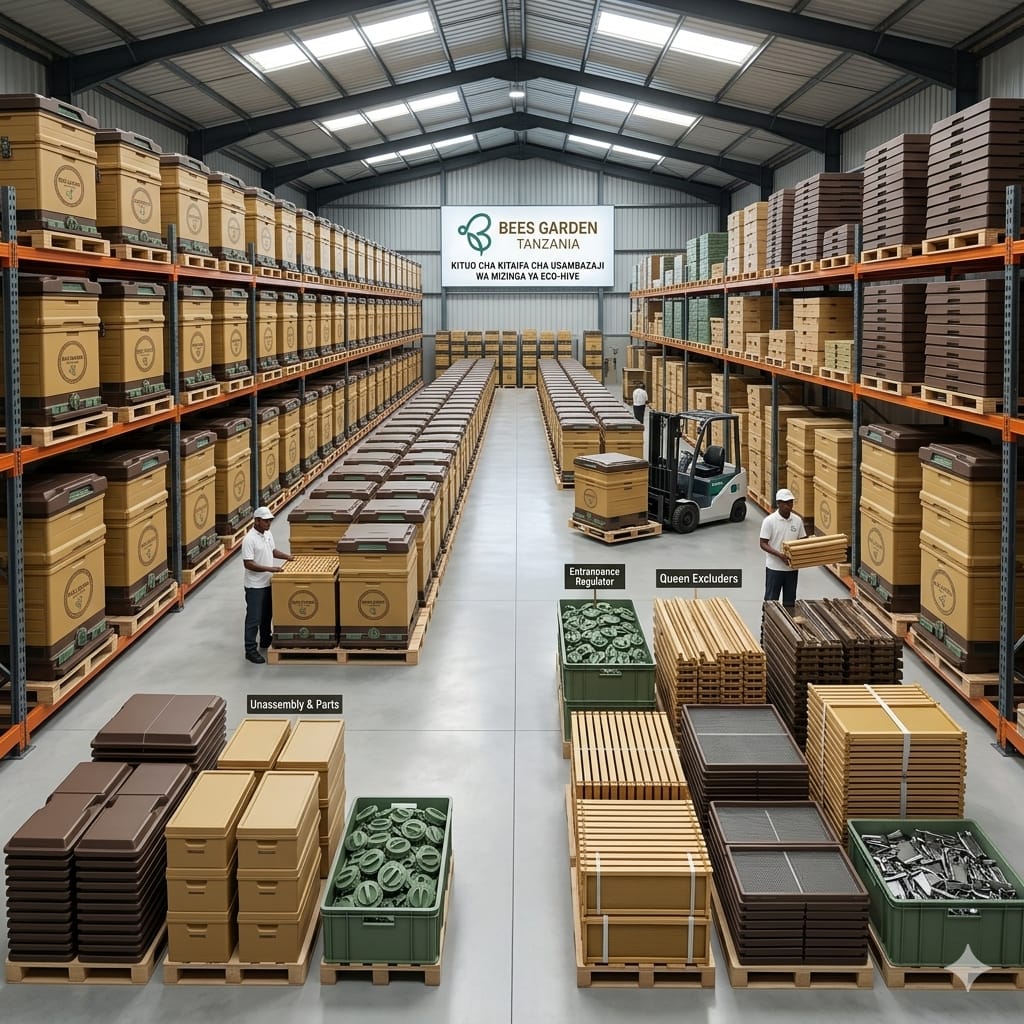 Early concept render of a Bees Garden distribution centre: Queen Mansion recycled-plastic hive components — boxes, lids, green entrance regulators and queen excluders — laid out on pallets, with assembled hives on the shelving behind.